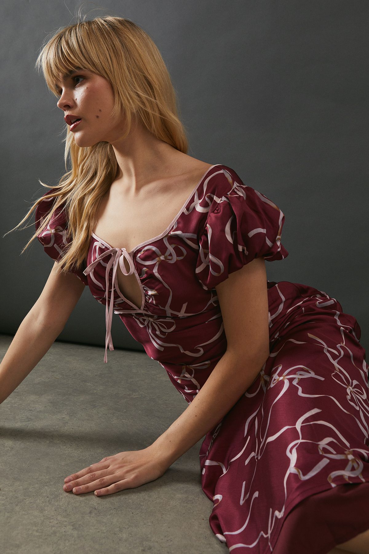 Warehouse Printed Tie Front Bias Midi Dress Berry image 1