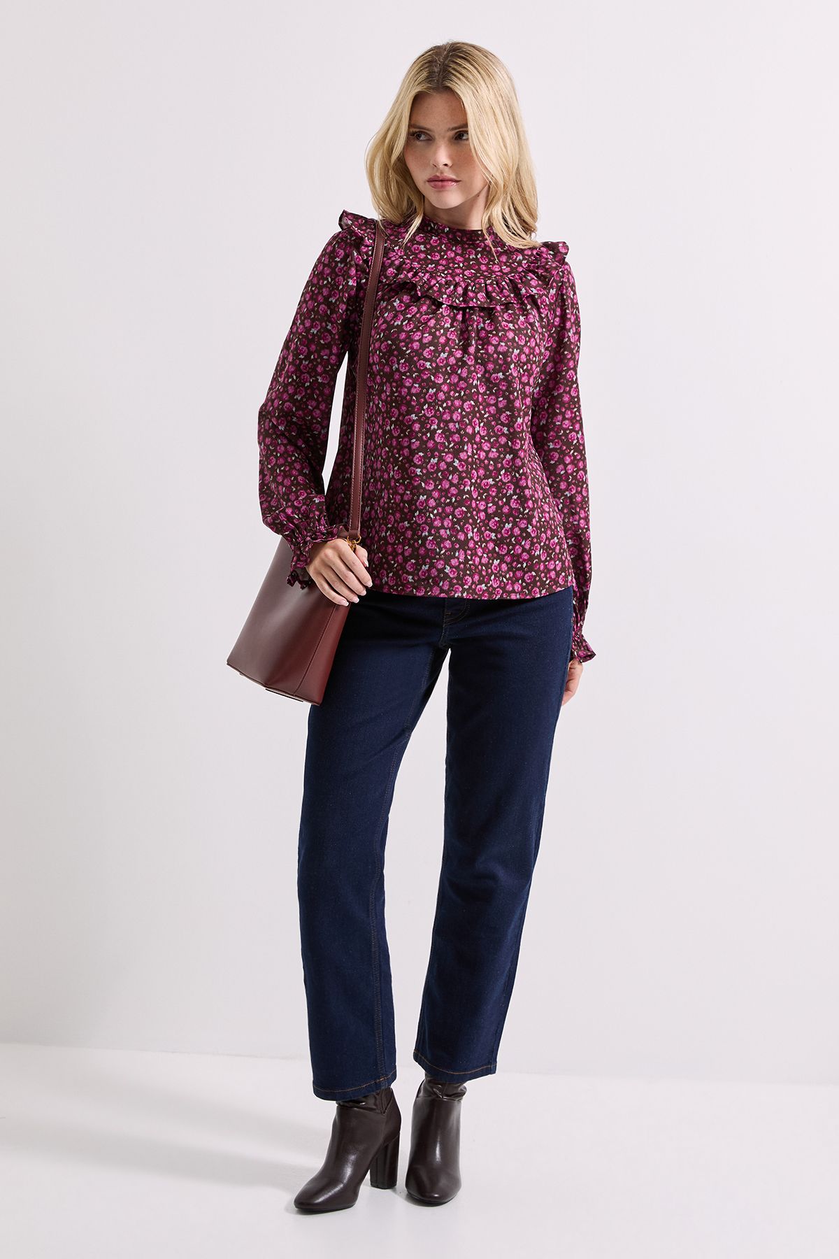 Dorothy Perkins Ditsy Ruffle Neck Printed Long Sleeve Blouse Purple image 2