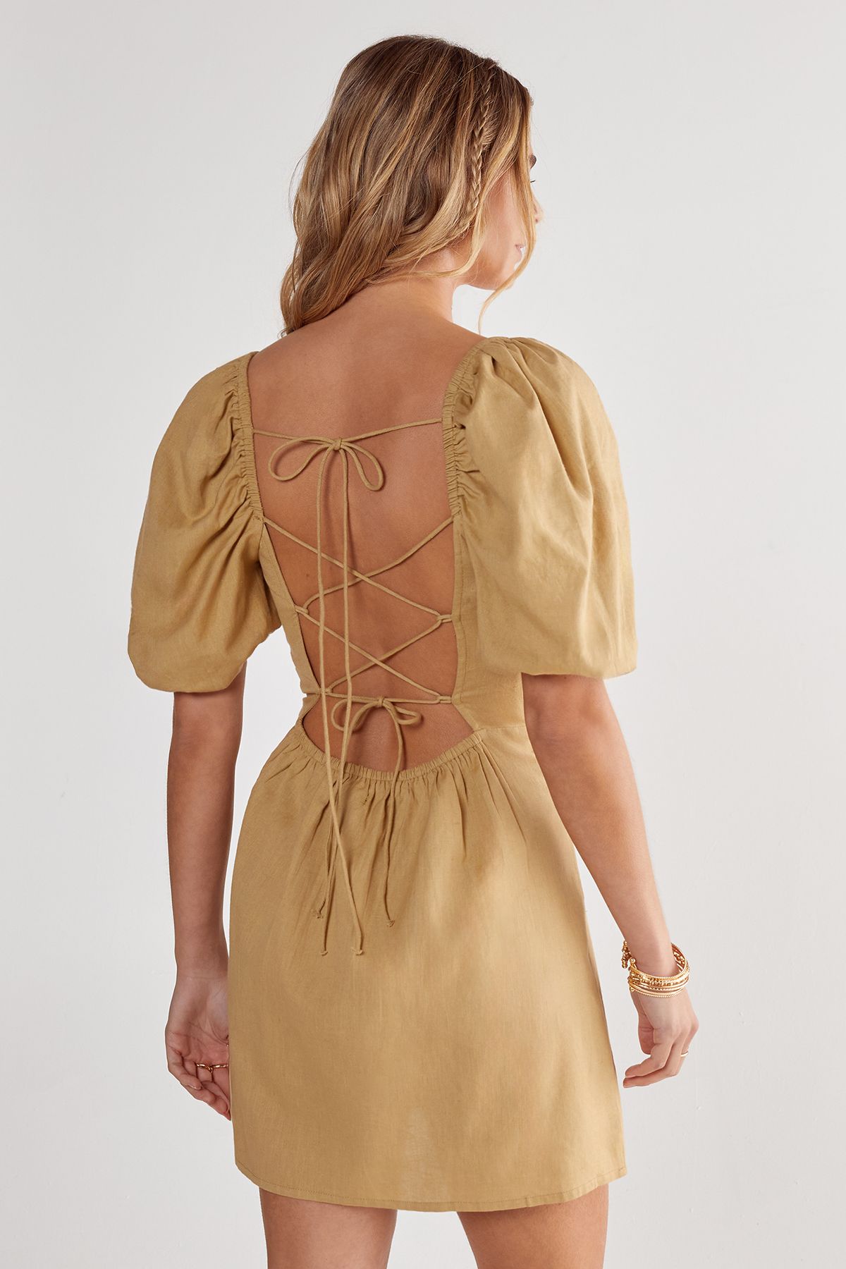 NastyGal Cotton Puff Sleeve Tie Back Mini Dress Khaki image 4
