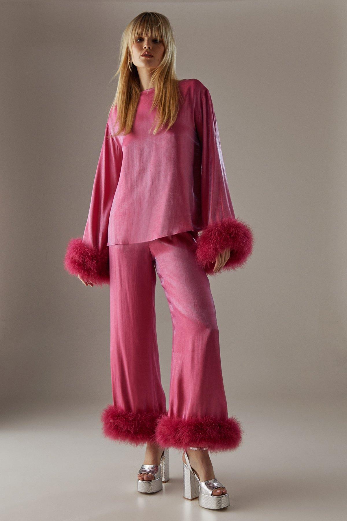 Warehouse Premium Iridescent Feather Cuff Oversized Top Pink image 2