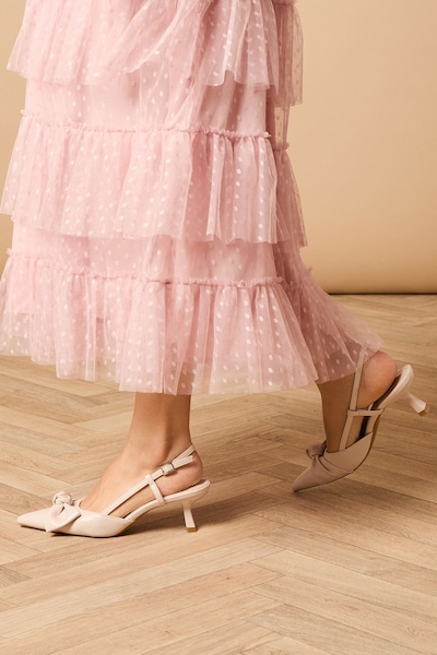 Oasis Dilly Faux Leather Bow Detail Slingback Kitten Heel Court Shoes Beige