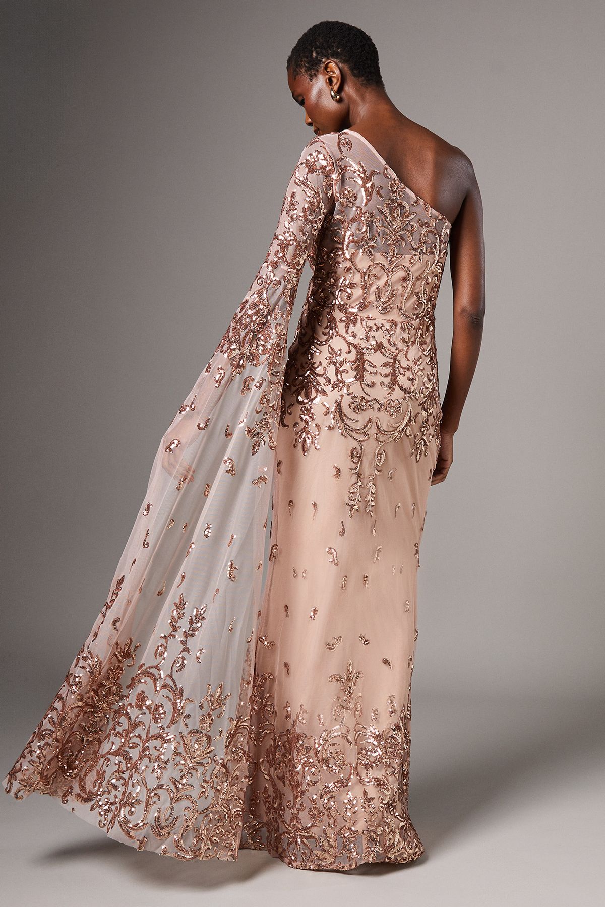 Coast One Shoulder Maxi Dress In Lace With Cape Sleeve Champagne image 3