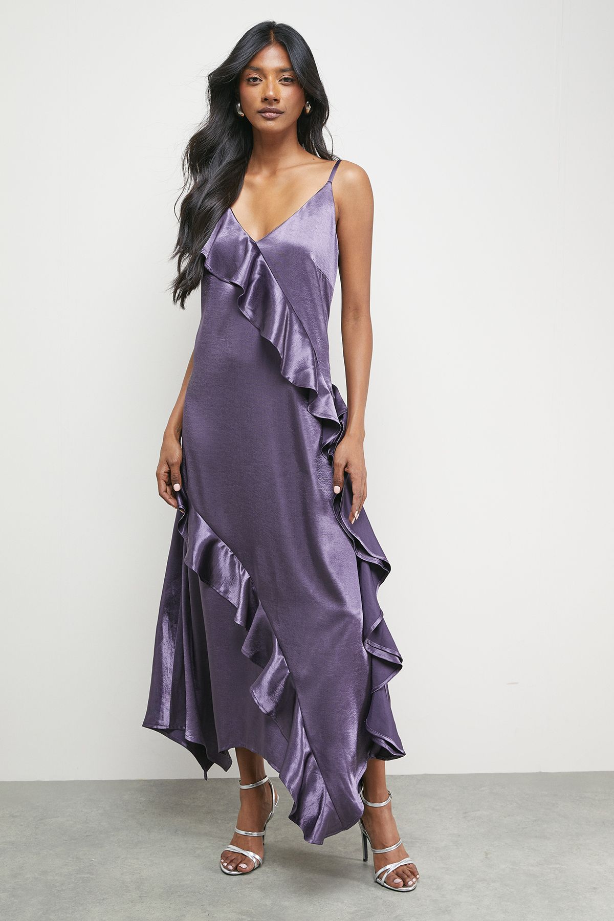 Warehouse (S) Metallic Satin Ruffle High Apex Midi Slip Dress Mauve