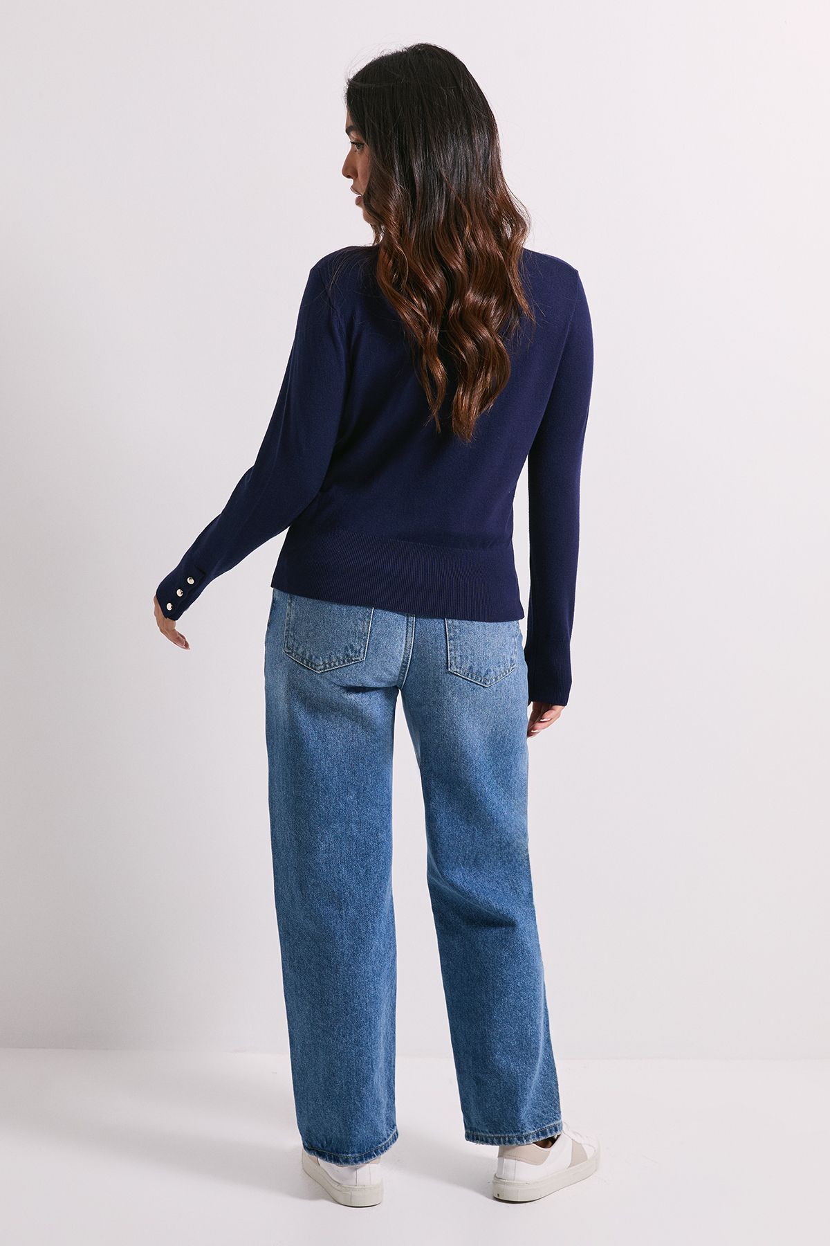 Dorothy Perkins Petite Navy Crew Neck Button Cuff Jumper Navy image 3