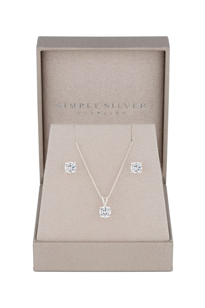 Simply Silver Sterling Silver 925 Round Cubic Zirconia Necklace And Earring Set - Gift Boxed