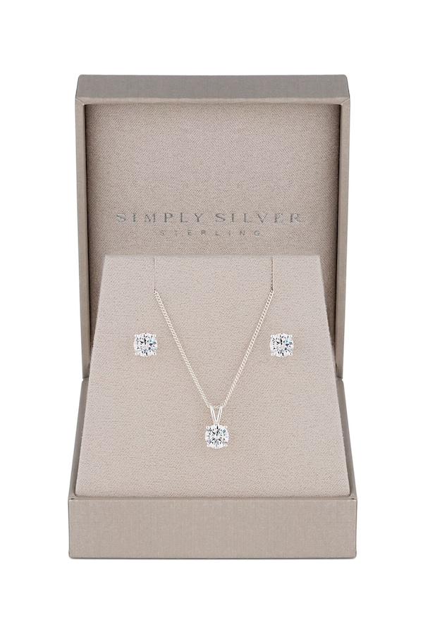 Simply Silver Sterling Silver 925 Round Cubic Zirconia Necklace And Earring Set - Gift Boxed