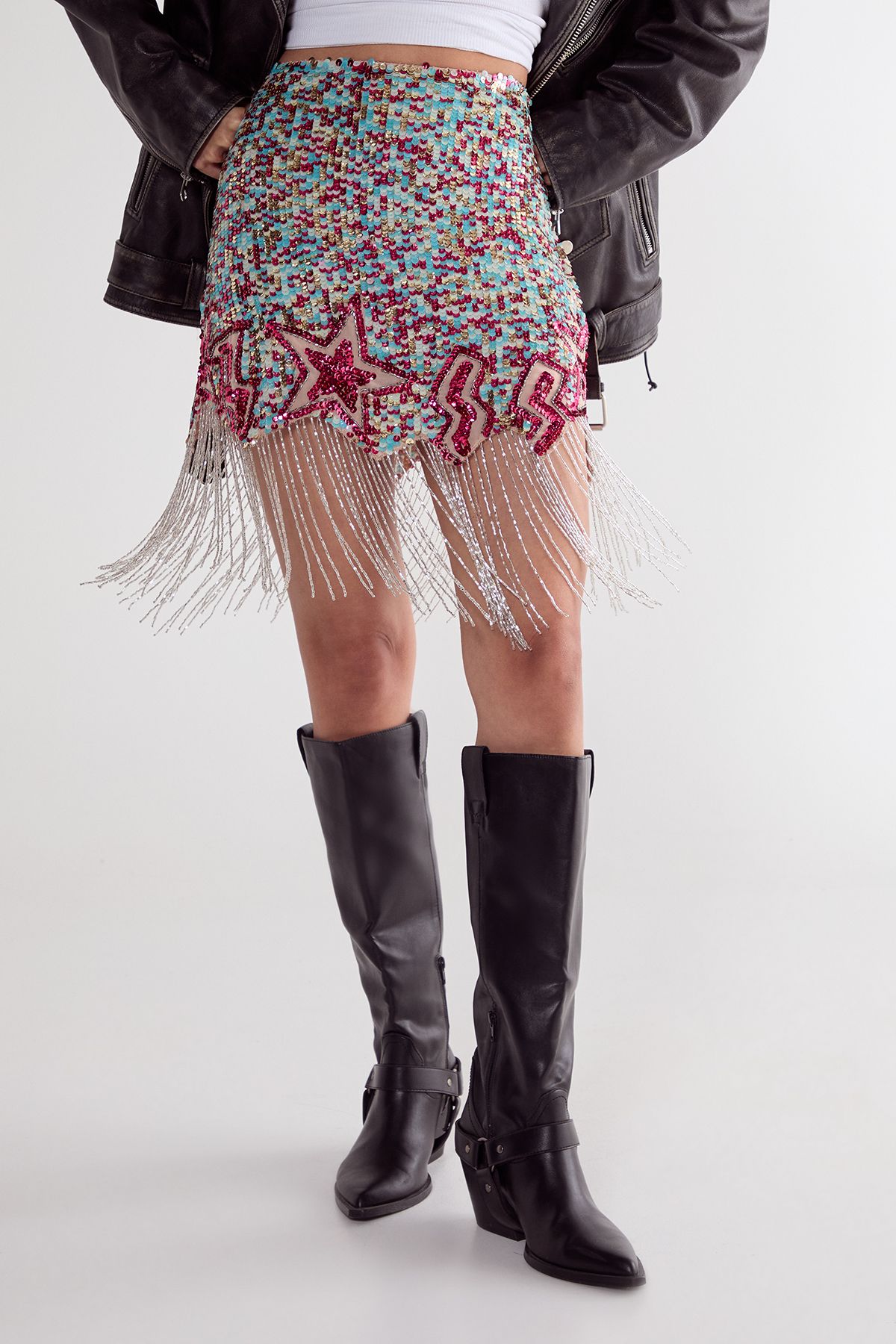 NastyGal Sequin Star Lightening Bolt Tassel Mini Skirt Turquoise image 2