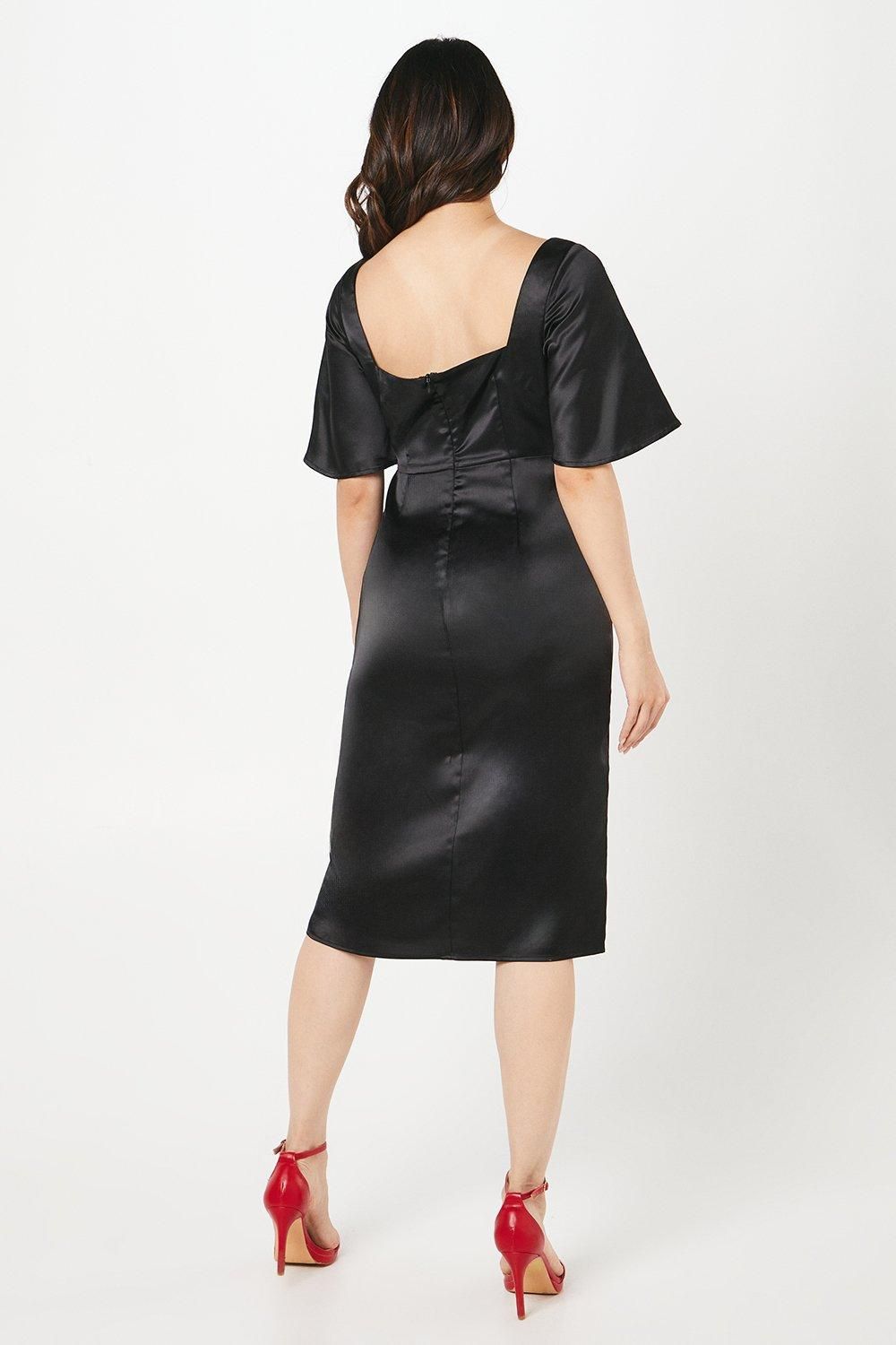 Coast Petite Satin Wrap Waist Flutter Sleeve Midi Wedding Guest Dress Black image 3