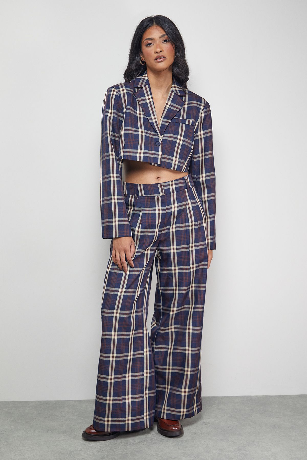 Warehouse Navy Check Cropped Blazer Co-ord Navy image 2