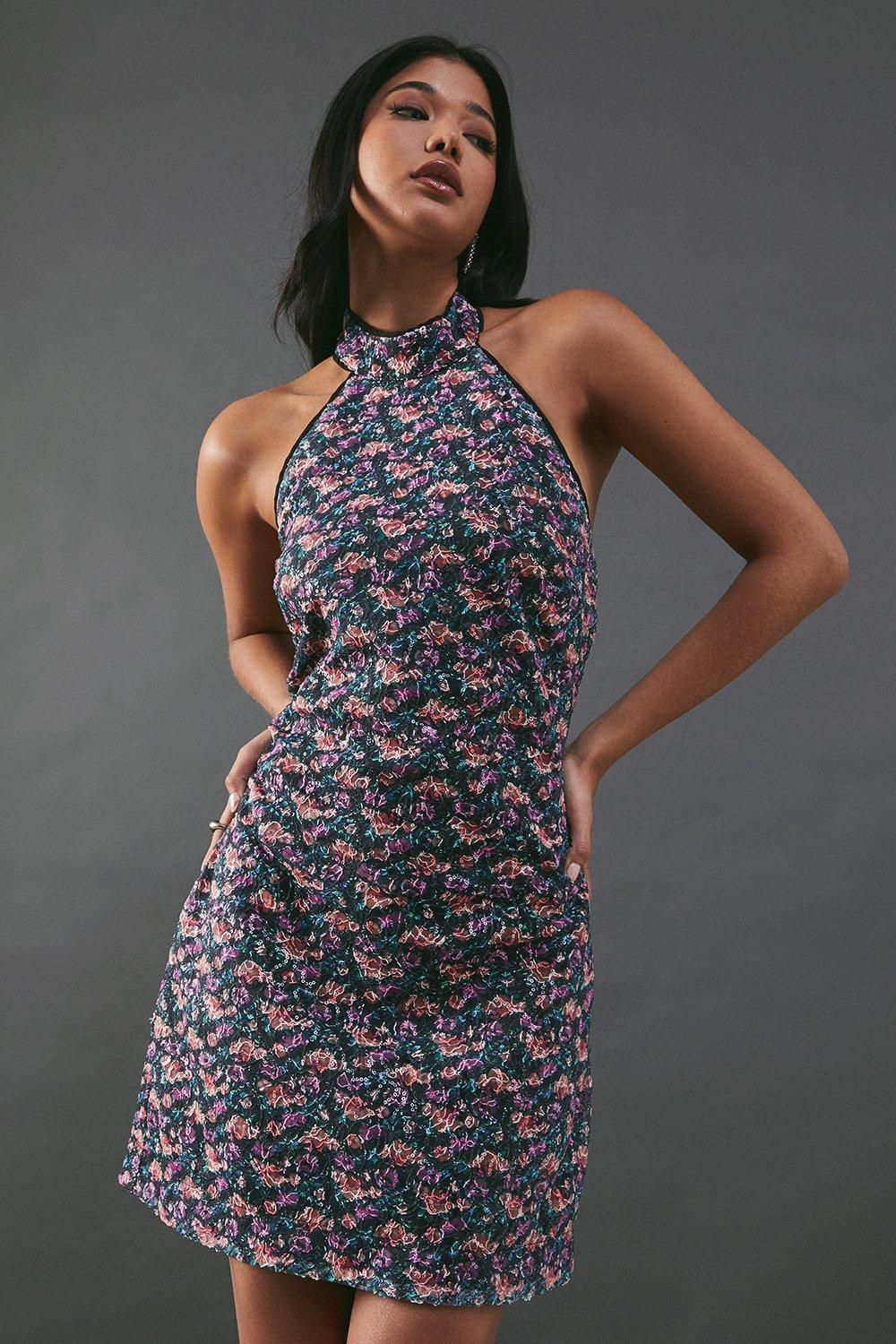 Warehouse Print Sequin Lace High Neck Halter Mini Dress Multi image 1