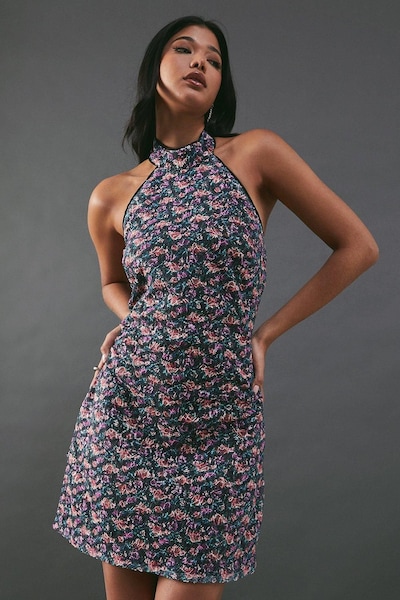 Warehouse Print Sequin Lace High Neck Halter Mini Dress Multi