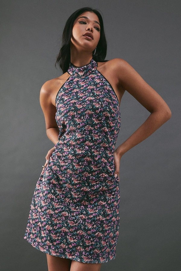 Warehouse Print Sequin Lace High Neck Halter Mini Dress Multi