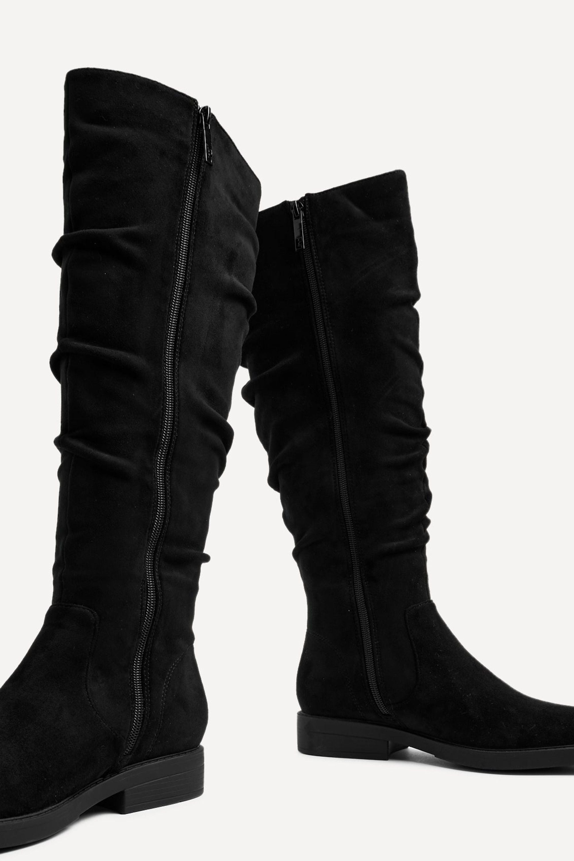 Linzi Liana Black Faux Suede Knee High Flat Ruched Boots image 4