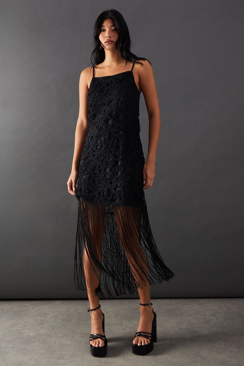 Warehouse Corded Lace Strappy Fringe Hem Mini Dress Black image 1