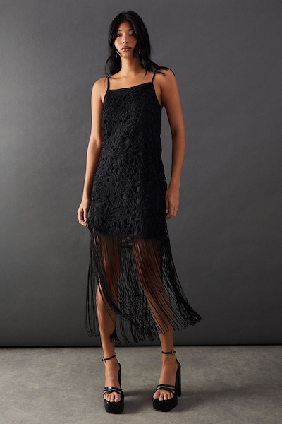Warehouse Corded Lace Strappy Fringe Hem Mini Dress Black