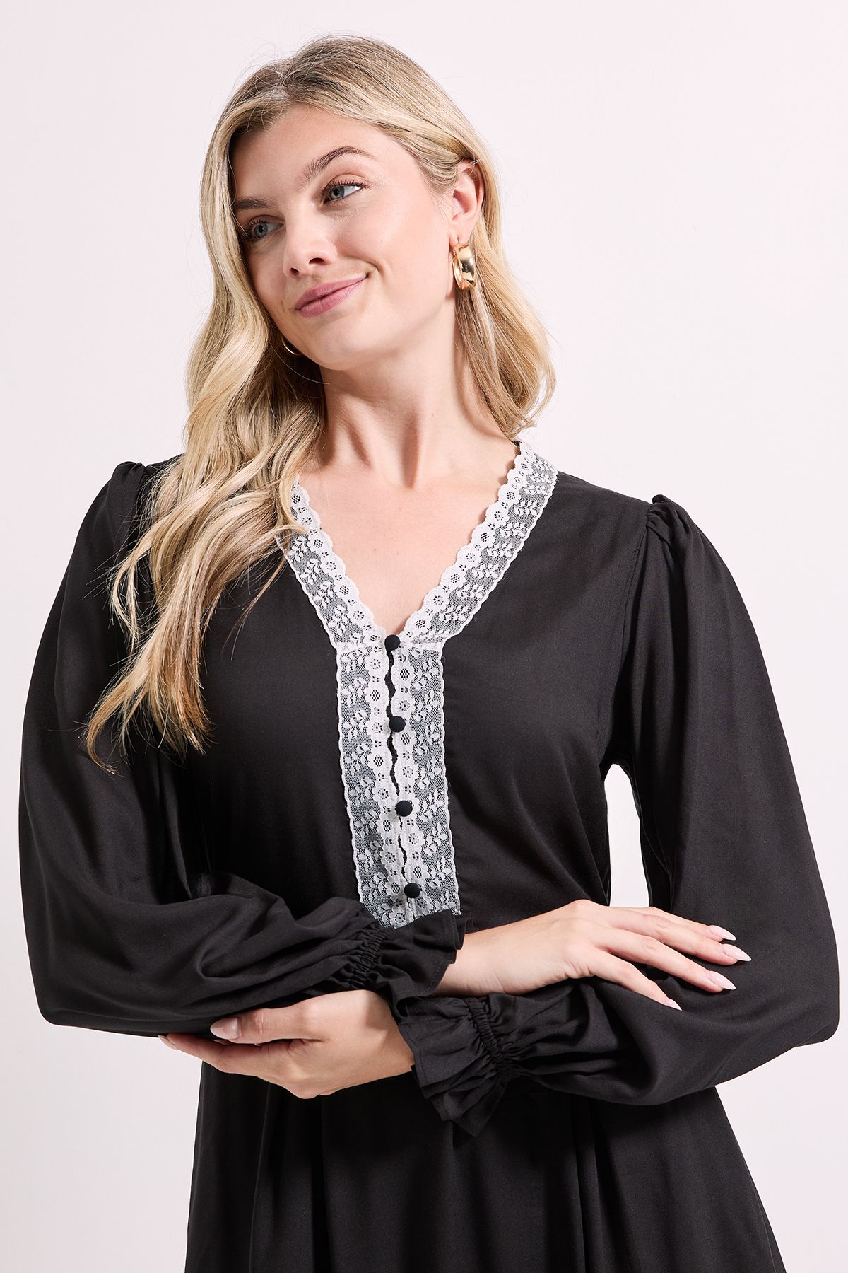 Dorothy Perkins Lace Trim Blouson Sleeve Midi Dress Black image 3