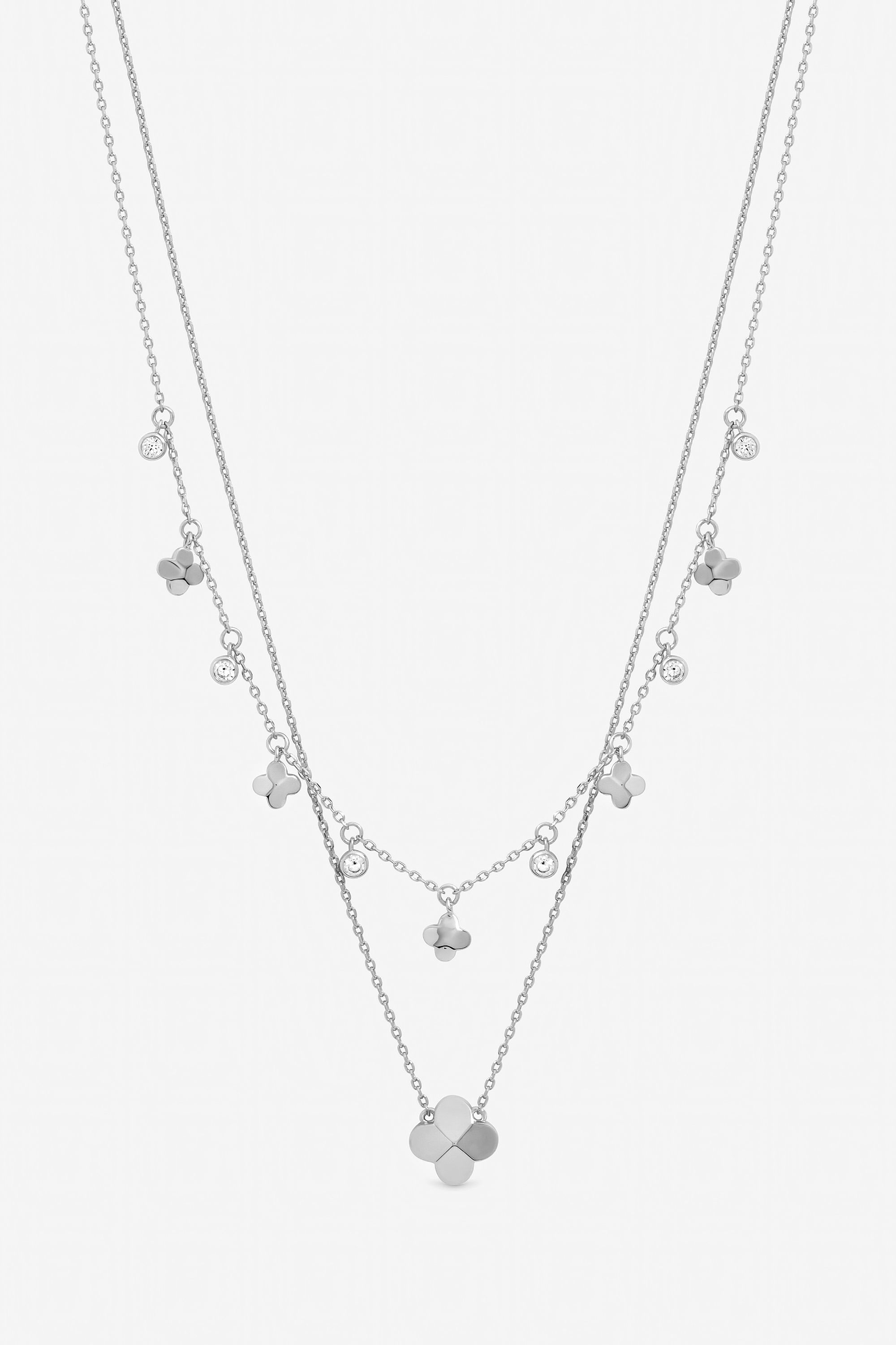Inicio Sterling Silver Plated Double Row Bezel Clover Necklace - Gift Pouch