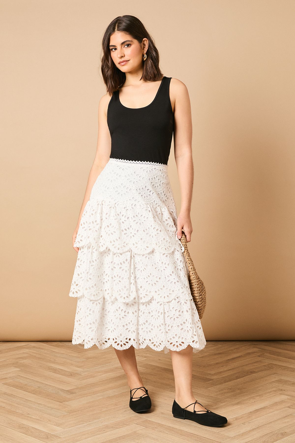 Oasis Broderie Tiered Midi Skirt White image 2