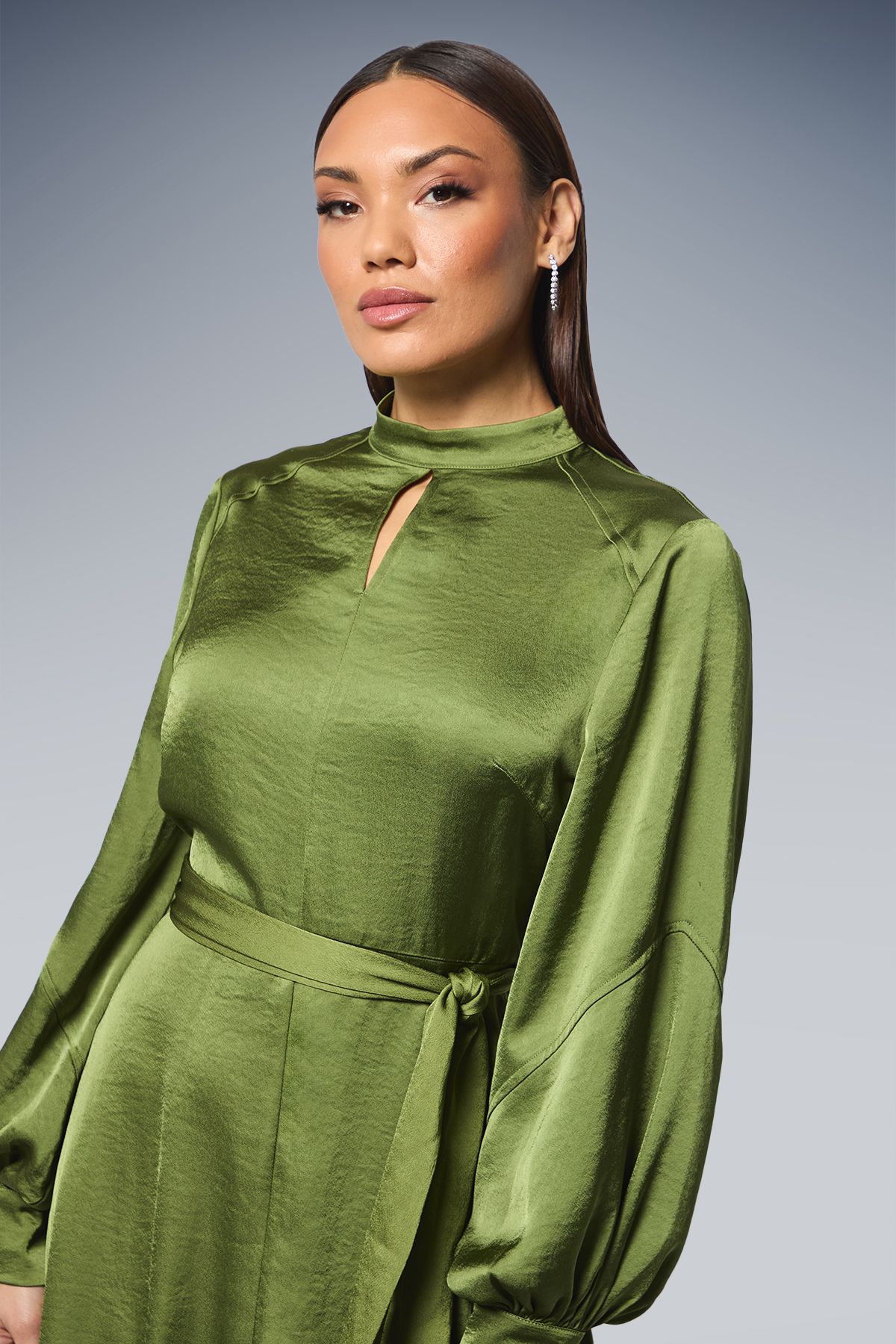 Principles Tie Waist High Neck Satin Midi Dress Olive image 4