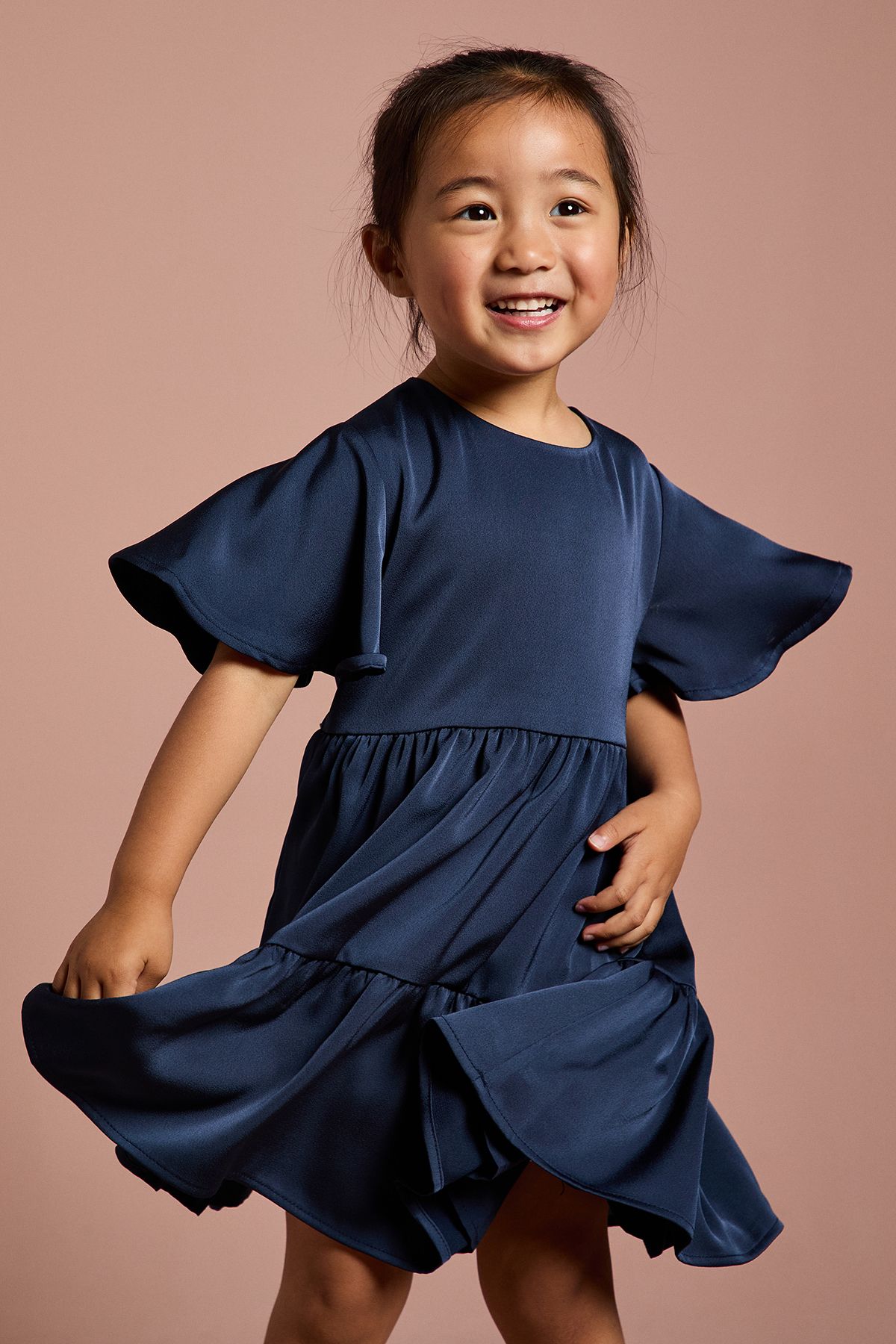 Coast Girls Satin Back Crepe Tiered Angel Sleeve Dress Navy image 2