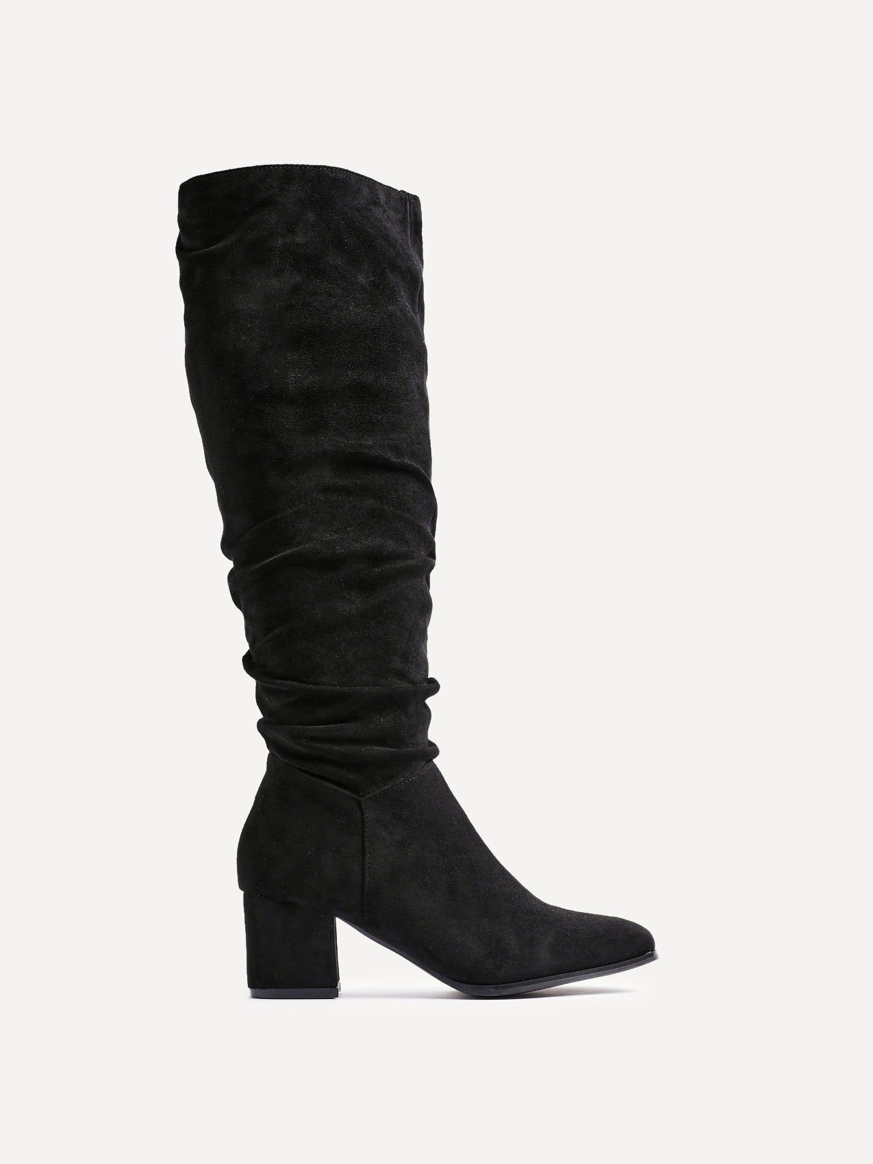 Linzi Margot Black Faux Suede Knee High Block Heeled Ruched Boot