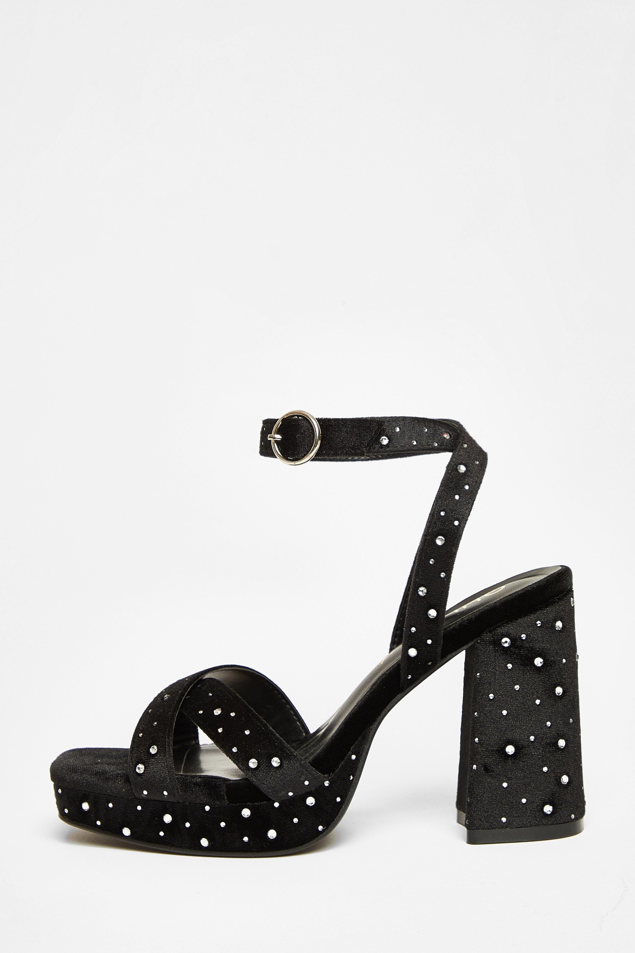 Quiz Black Wide Fit Diamante Block Heels image 3