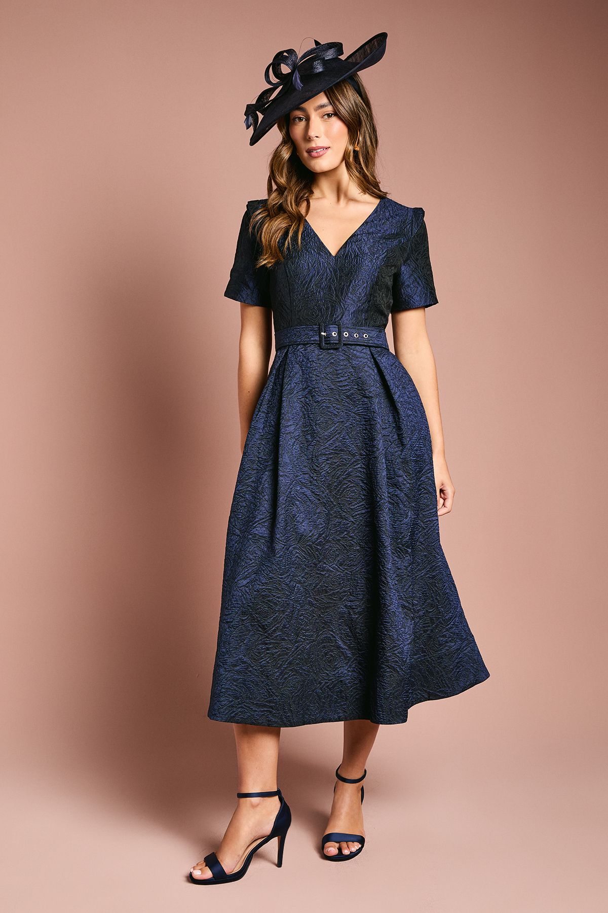 Coast Short Sleeve Jacquard Midi Dress With Belt Navy image 1
