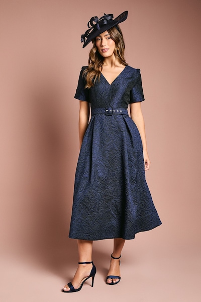 Coast Short Sleeve Jacquard Midi Dress With Belt Navy