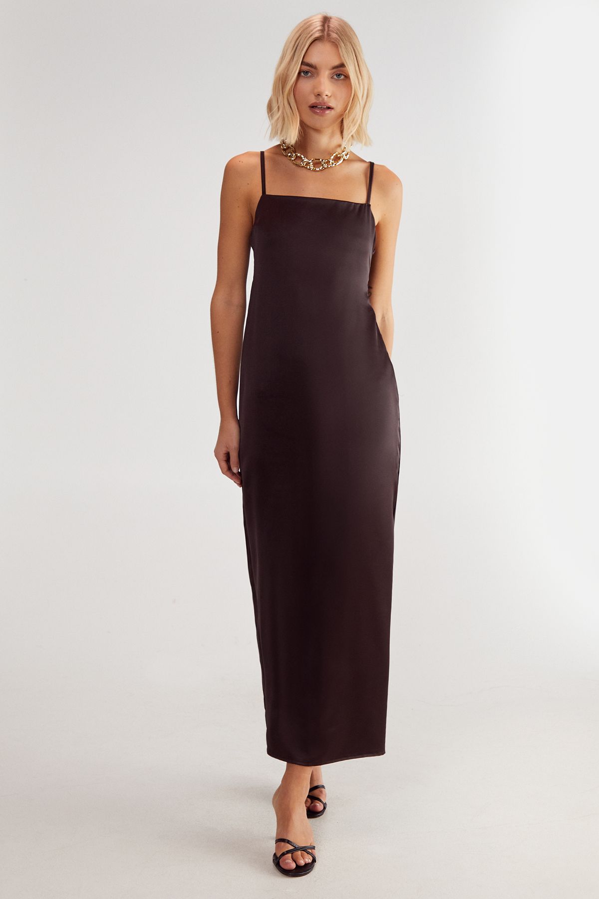 NastyGal Satin Square Neck Maxi Slip Dress Chocolate image 4
