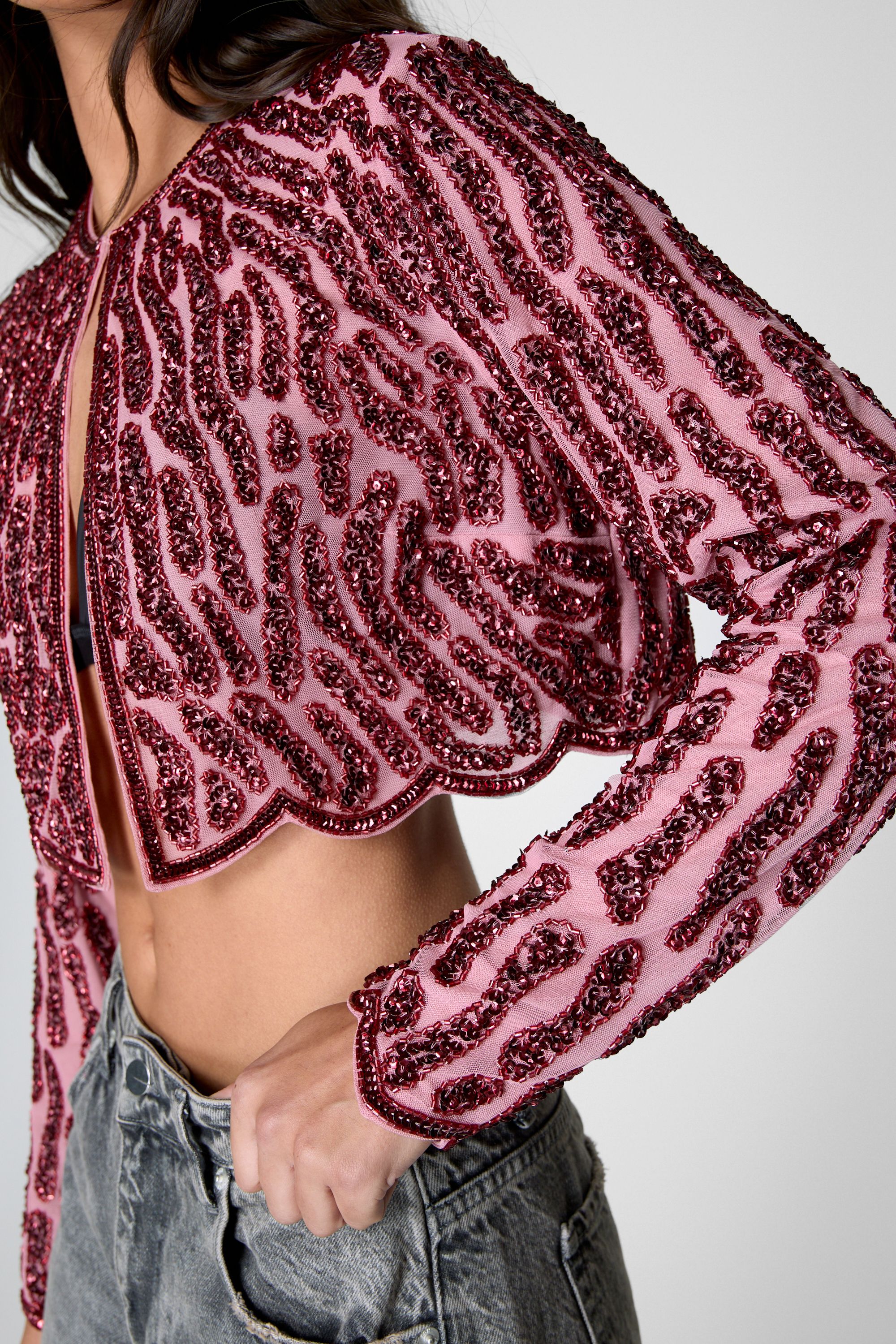 NastyGal Zebra Hand Embellished Two Tone Scallop Jacket Pink image 2