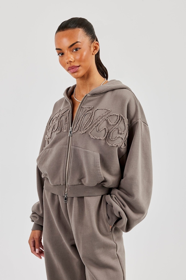 Cernucci Washed Applique Logo Boxy Zip Through Hoodie - Grey