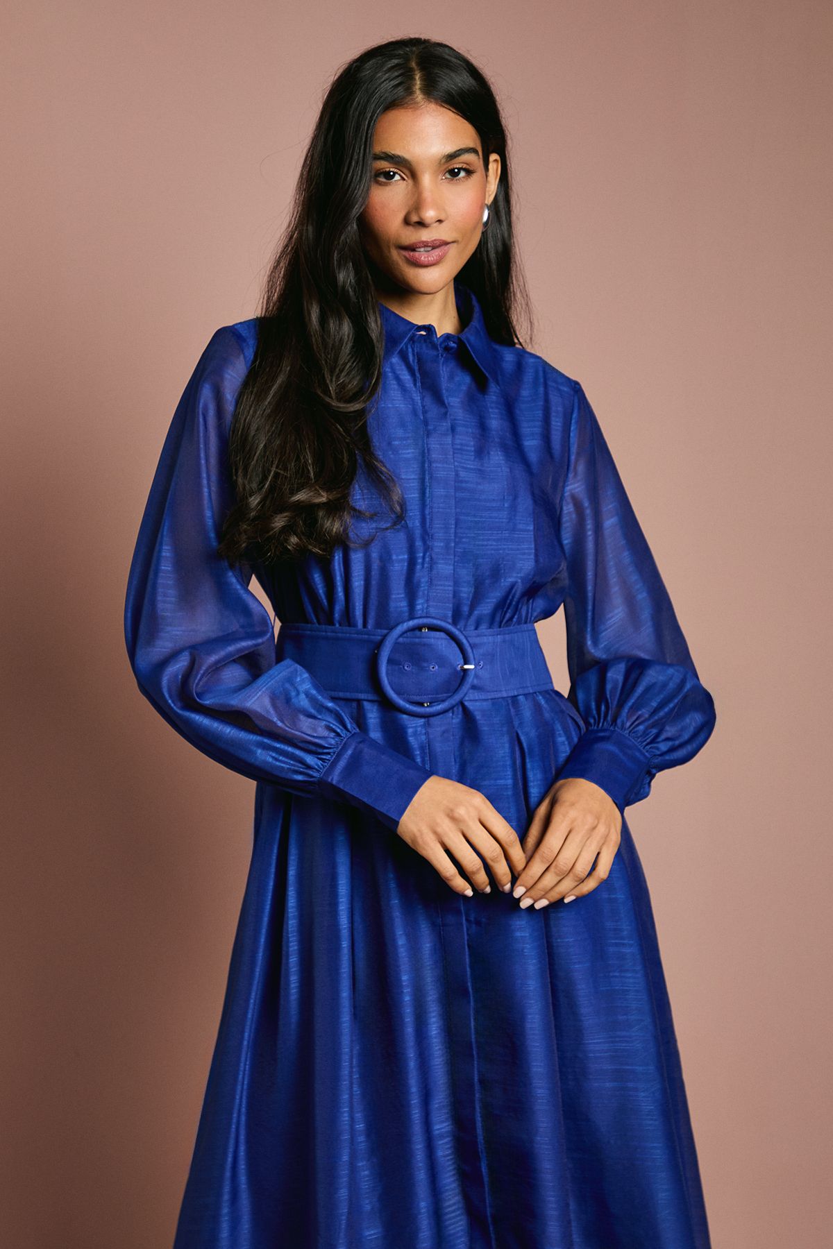 Coast Organza Long Sleeve Midi Shirt Dress With Belt Blue image 4