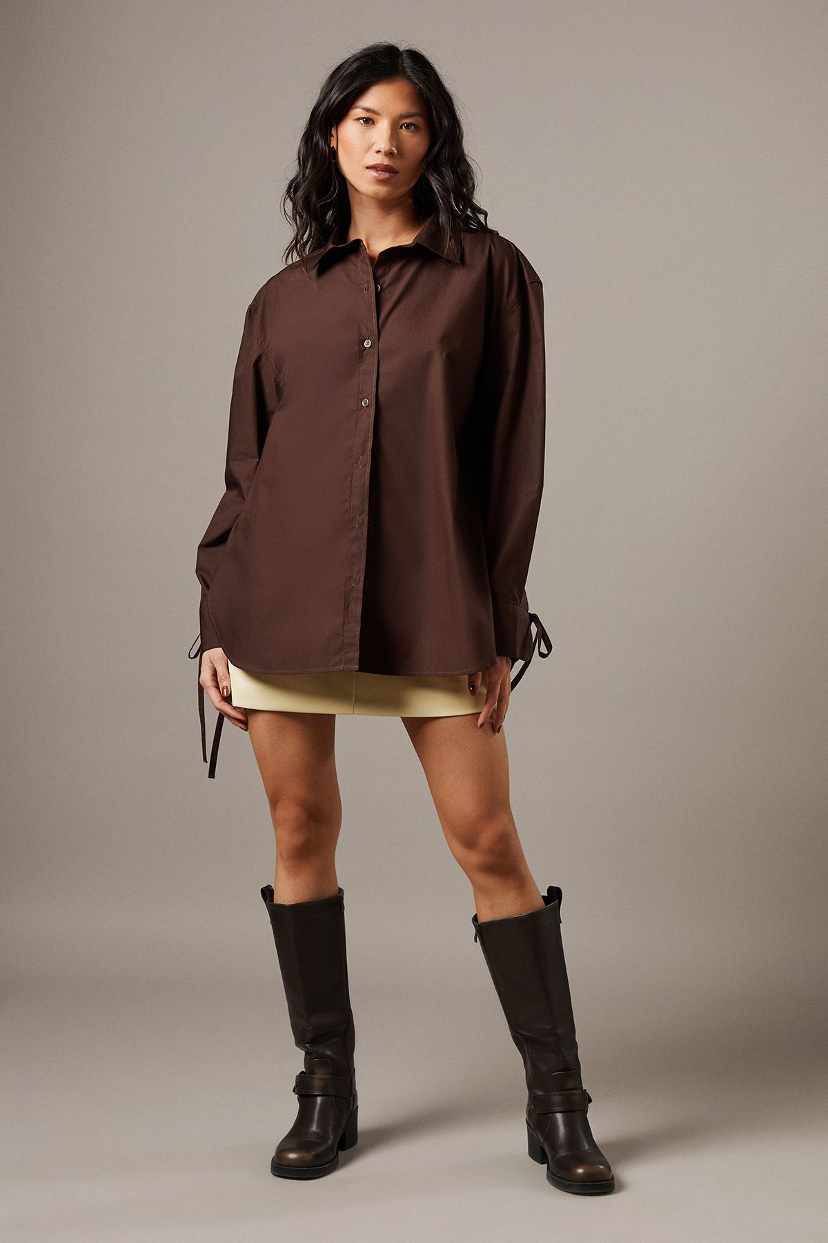 Warehouse Oversized Bow Back Shirt Chocolate image 2
