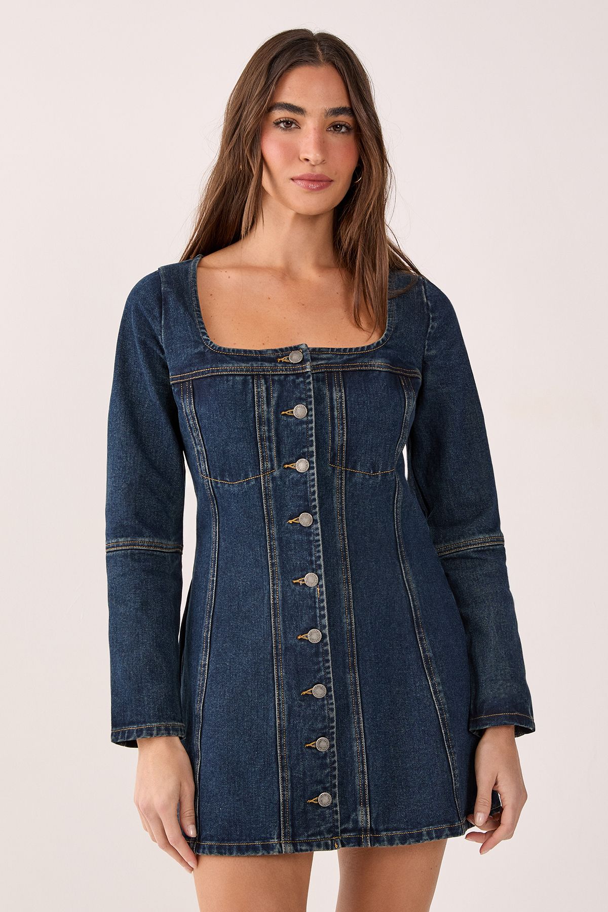 NastyGal Button Through Long Sleeve Denim Corset Mini Dress Indigo image 2