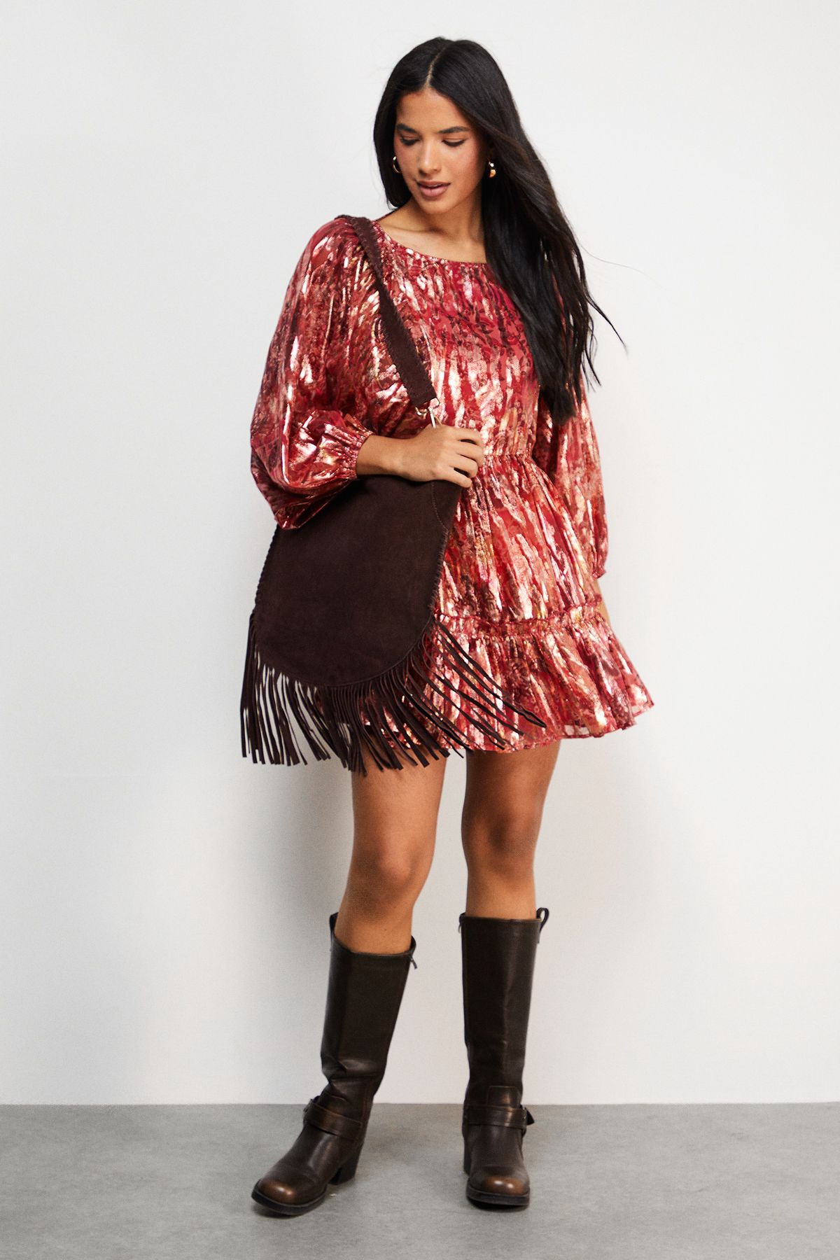 Warehouse Metallic Jacquard Volume Sleeve Mini Dress Floral image 2