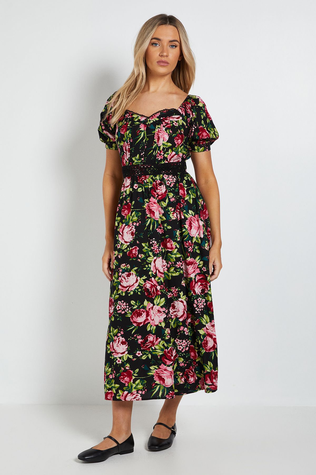 Dorothy Perkins Black Floral Lace Trim Pleat Bodice Puff Sleeve Midi Dress Black