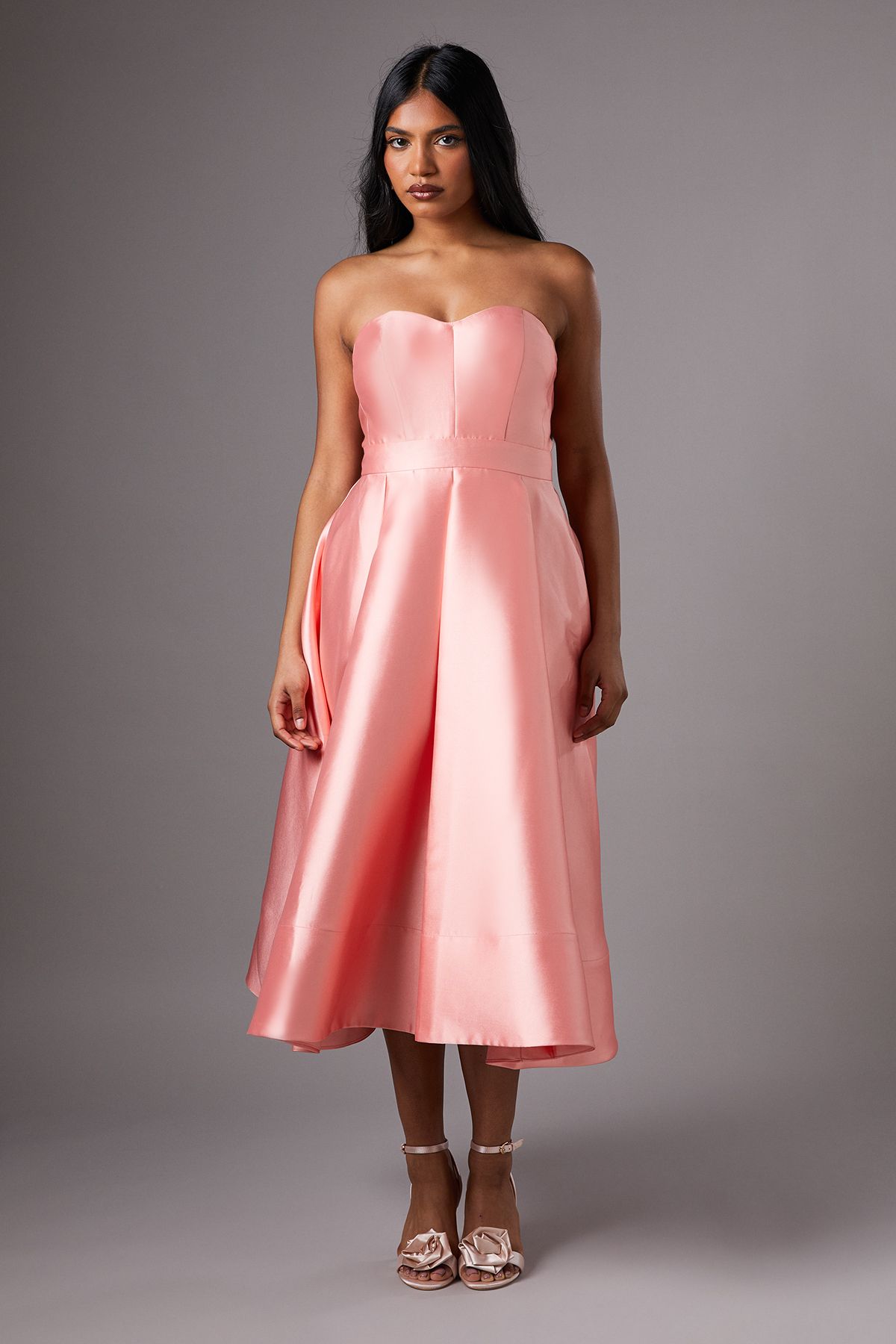 Coast Petite Pleated Twill Midi Dress With Sweetheart Neckline Peach