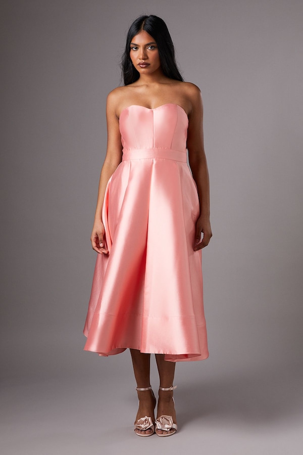 Coast Petite Pleated Twill Midi Dress With Sweetheart Neckline Peach