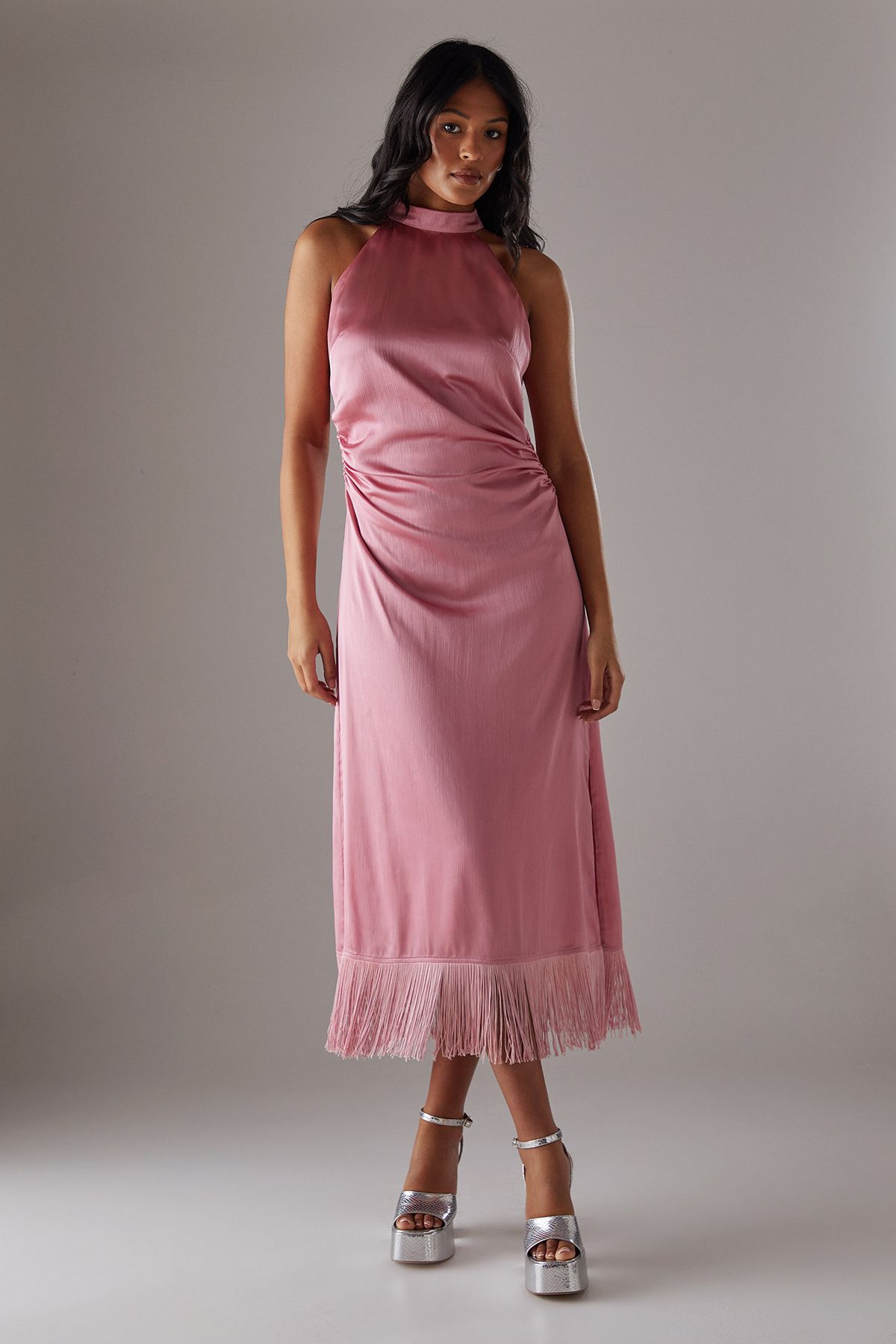 Warehouse Crinkle Satin Halter Fringe Midi Dress Dusty Rose image 3