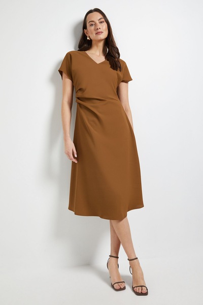 Principles Pleated Waist V Neck Midi Dress Mocha