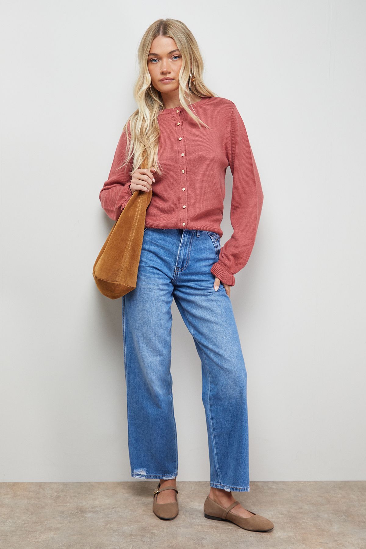 Oasis Ruffle Detail Cropped Cardigan Desert Rose image 2