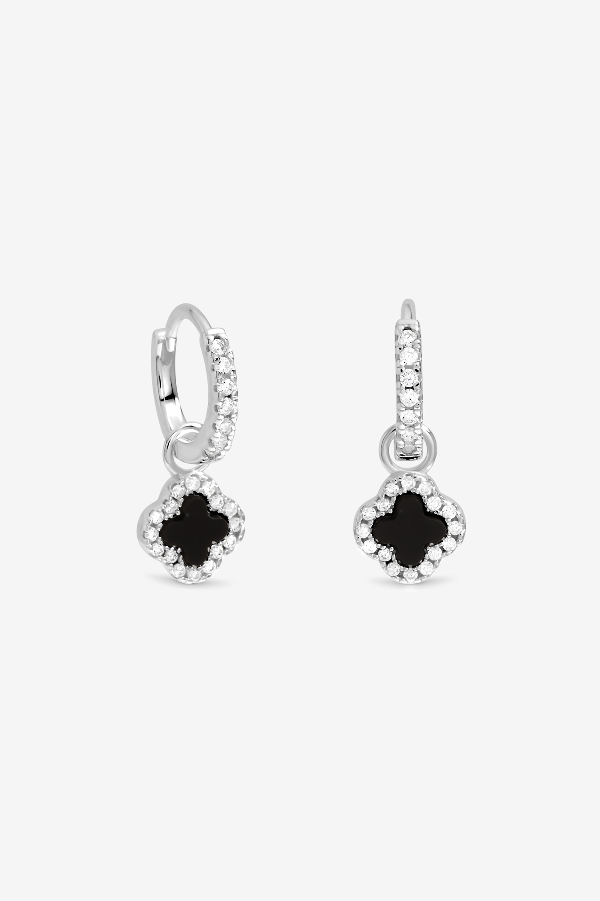 Simply Silver Sterling Silver 925 Pave and Jet Clover Charm Huggie Hoop Earrings image 1