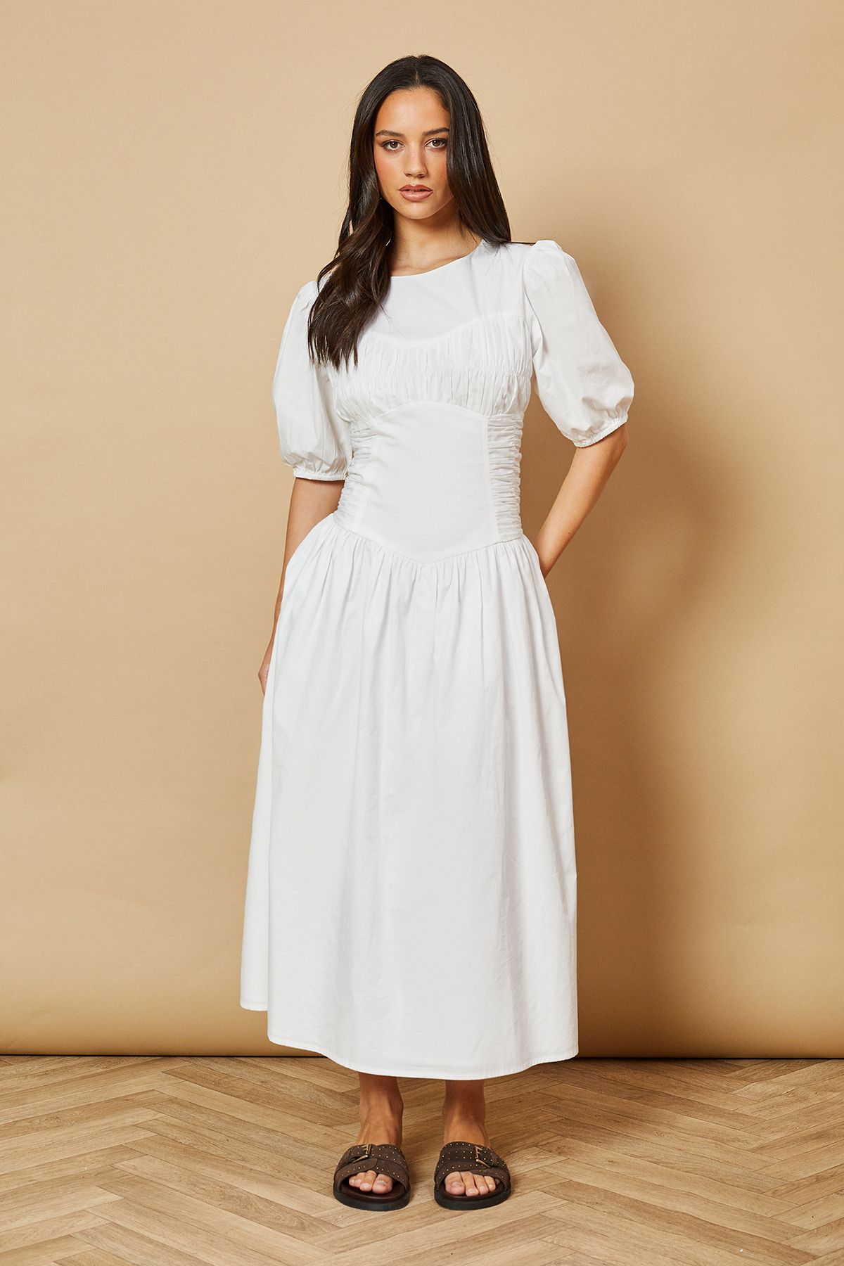 Oasis Poplin Panel Ruched Dress White image 5
