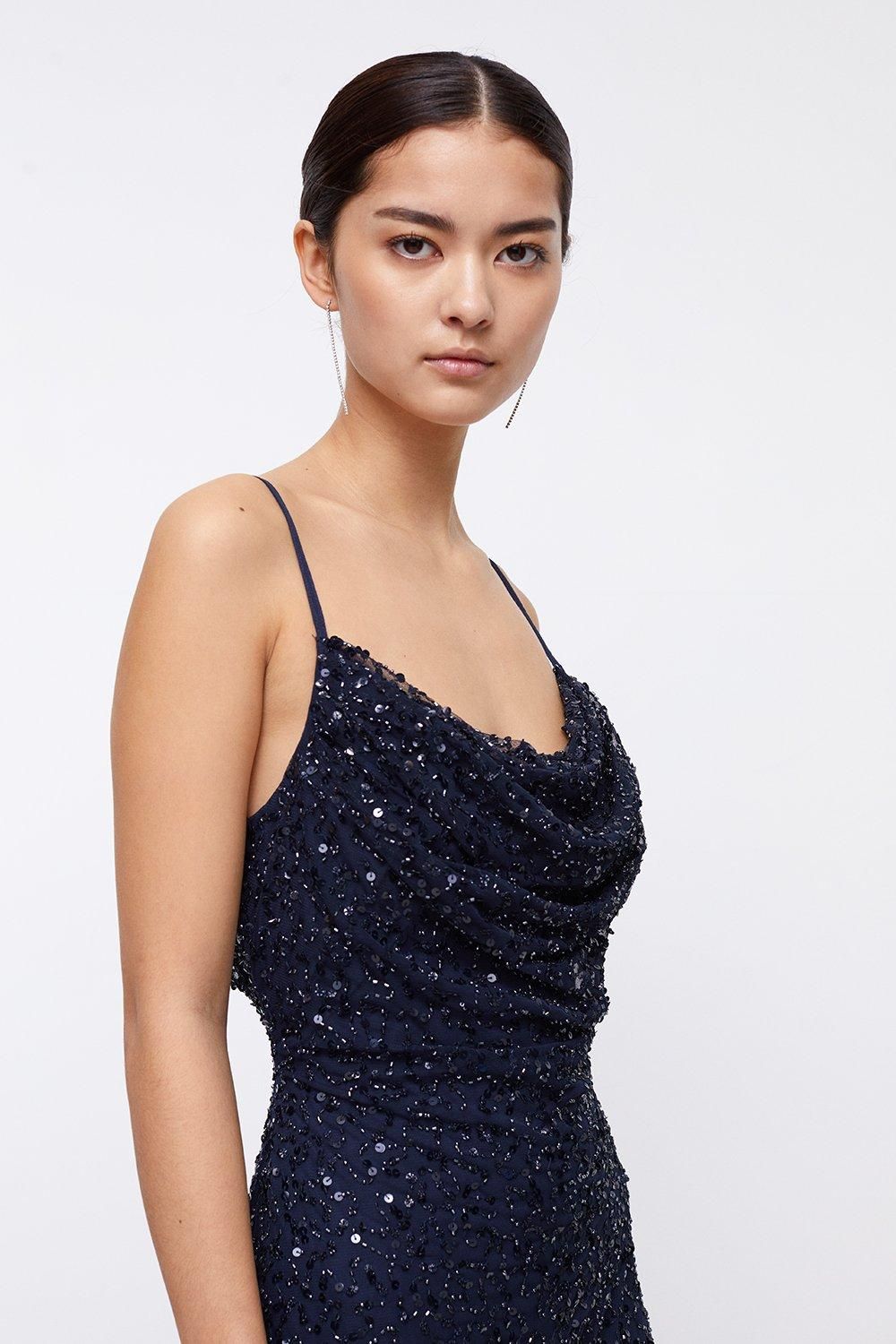 Coast Petite Cowl Neck Strappy Sequin Maxi Dress Navy image 2