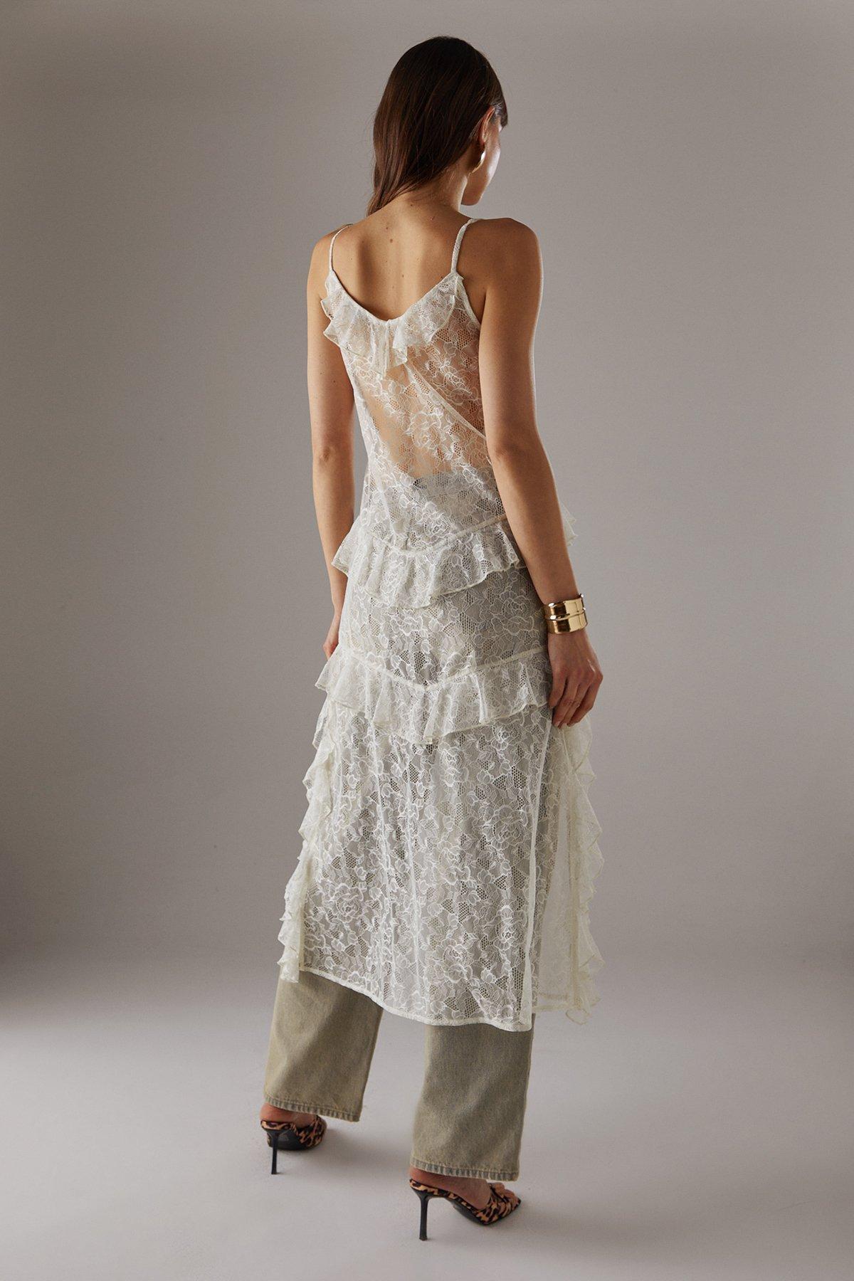Warehouse Lace Ruffle Front Maxi Strappy Top Cream image 3