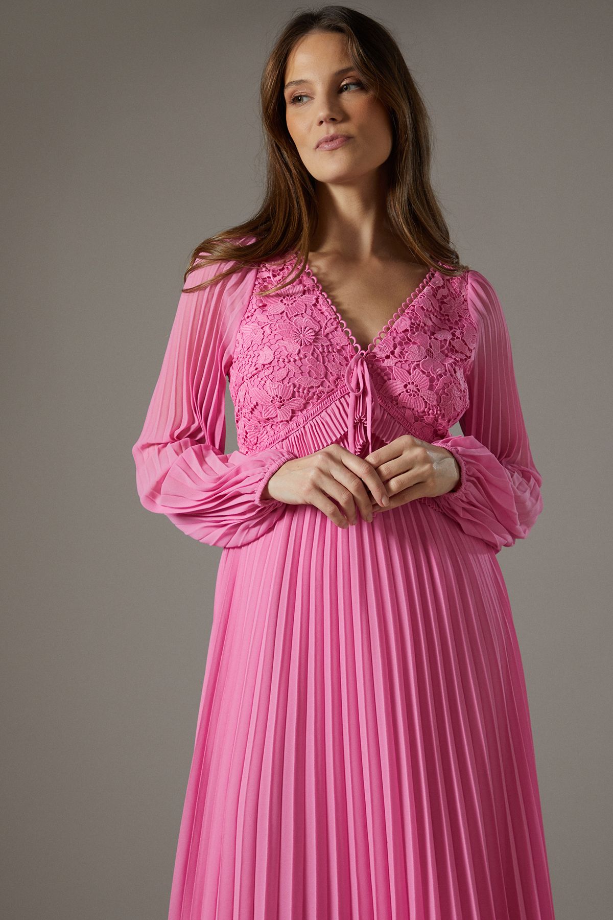 Coast Lace Insert Long Sleeve Pleat Dress Pink image 2