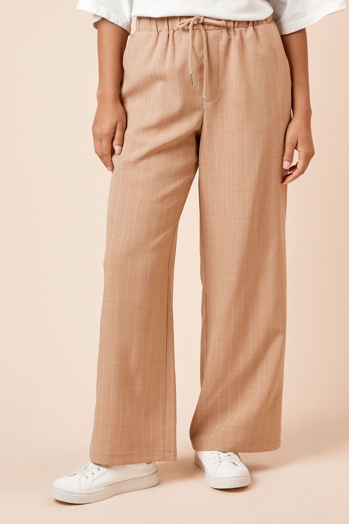 Dorothy Perkins Petite Elasticated Waist Wide Leg Stripe Trouser Camel image 2