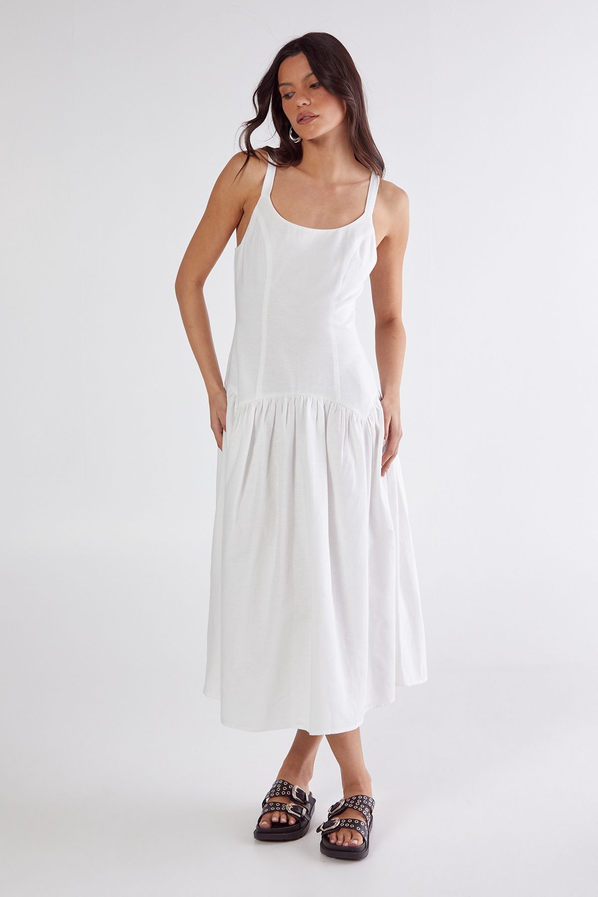 NastyGal Linen Mix Drop Waist Seamed Midi Dress White image 2