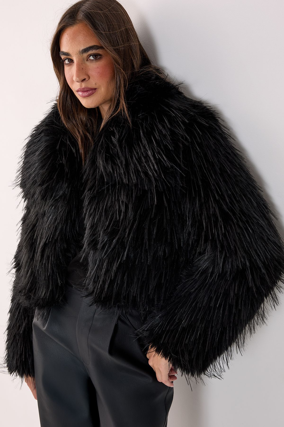 NastyGal Multi Faux Fur Cropped Coat Black image 1