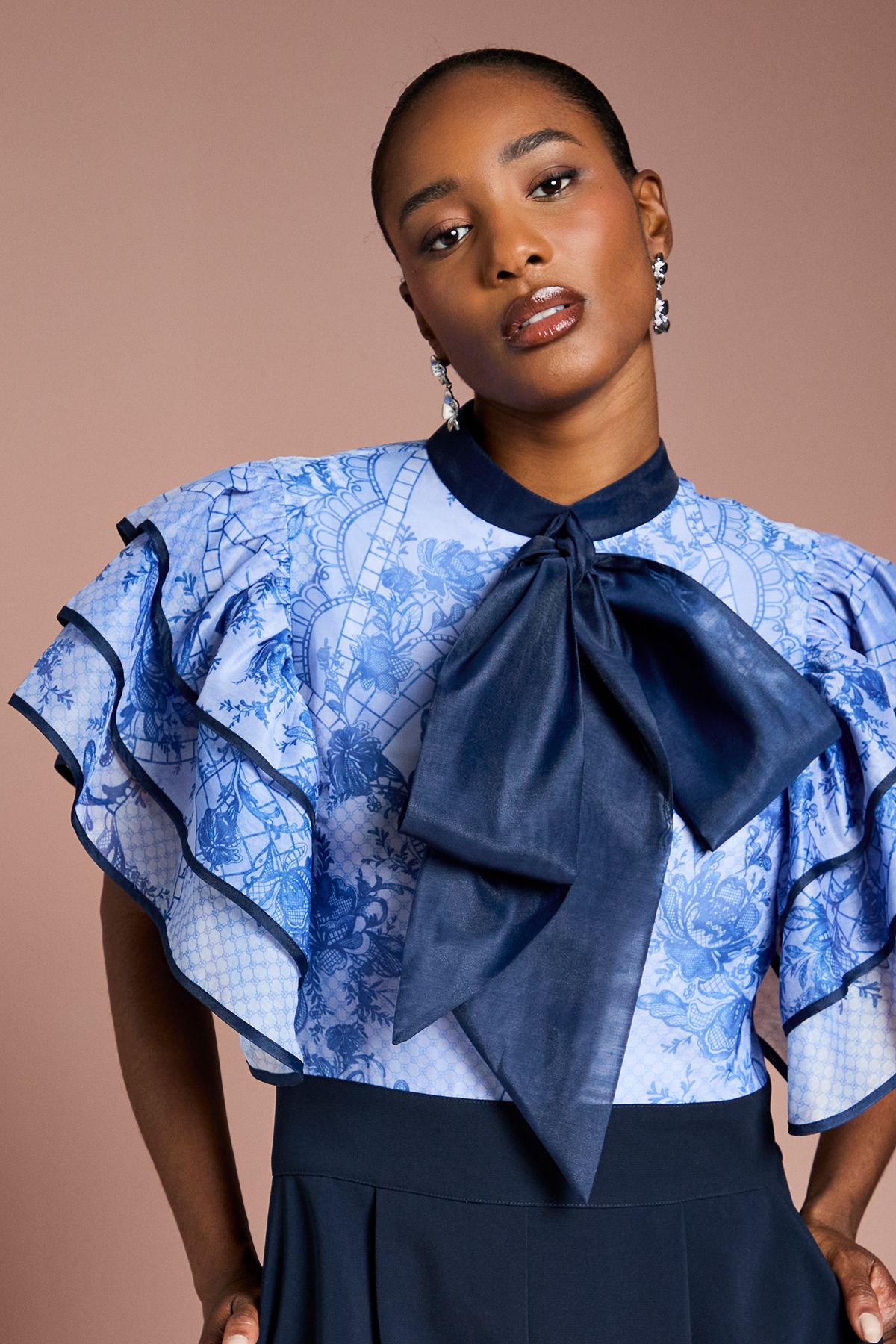 Coast Printed Organza Ruffle Sleeve Wide Leg Jumpsuit Navy image 4